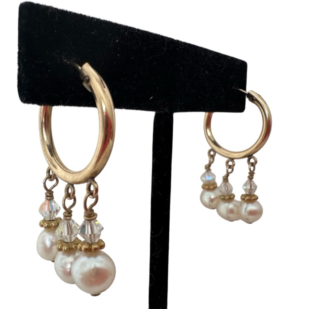 Sundance 14k Gold Filled Hoop Genuine Pearl Diamond Crystal Drop Earrings NEW